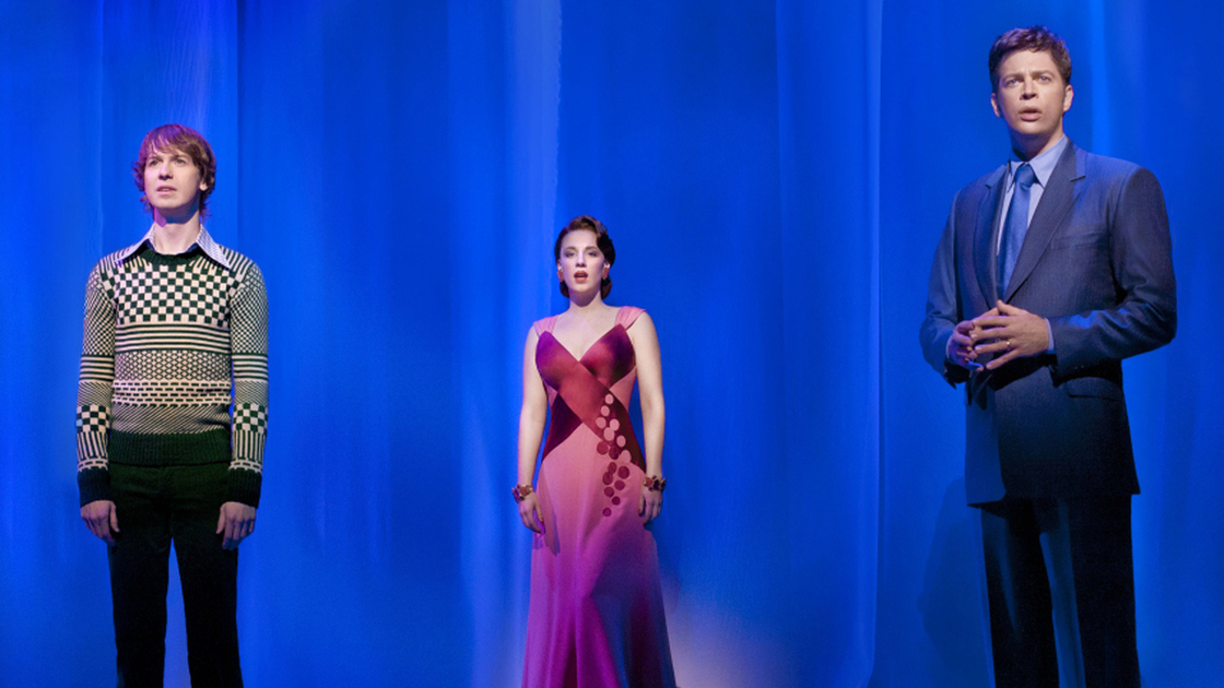 Harry Connick Jr. (far right) on the set of On a Clear Day You Can See Forever, alongside co-stars David Turner and Jessie Mueller.