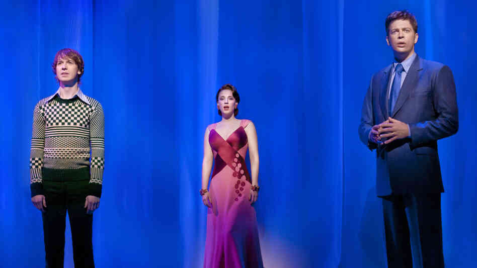 Harry Connick Jr. (far right) on the set of On a Clear Day You Can See Forever, alongside co-stars David Turner and Jessie Mueller.
