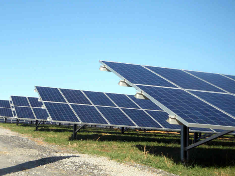 Rows of solar panels at a solar farm in Kings Mountain, N.C. 