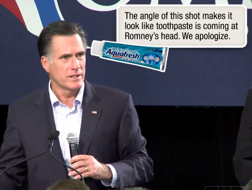 A screenshot of Mitt Romney's Iowa stump speech, with a Pop-Up Politics bubble animated in.