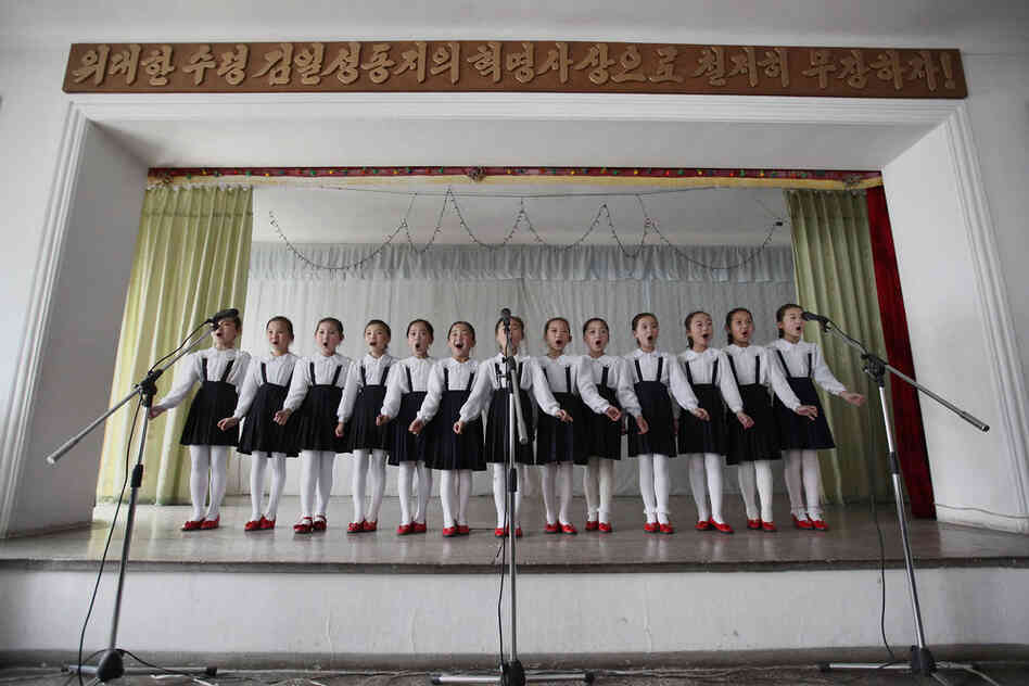 North Korean children perform at a primary school in Pyongyang.