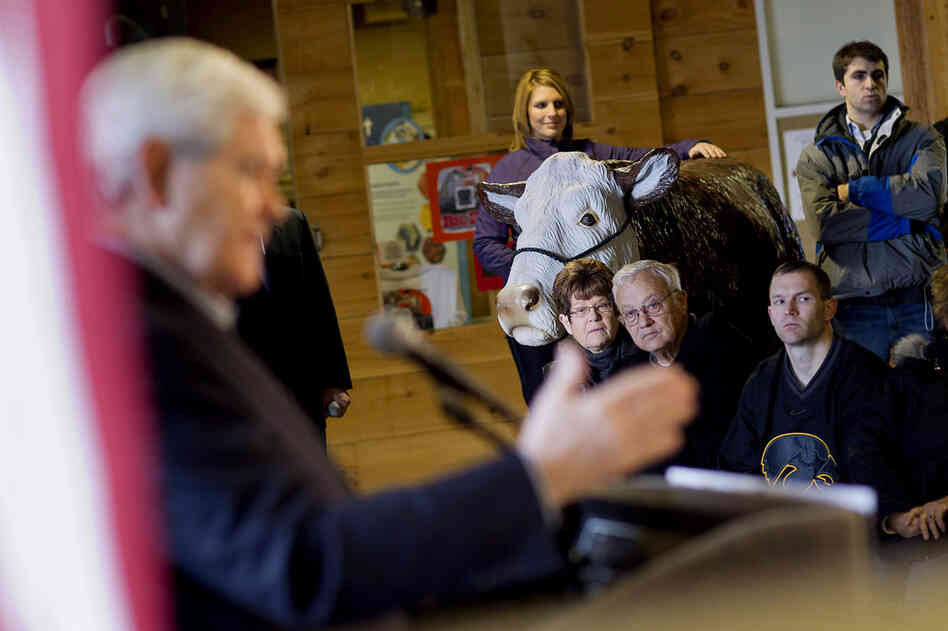 People watch as former House Speaker Newt Gingrich speaks during a campaign stop, Monday in Independence, Iowa.  