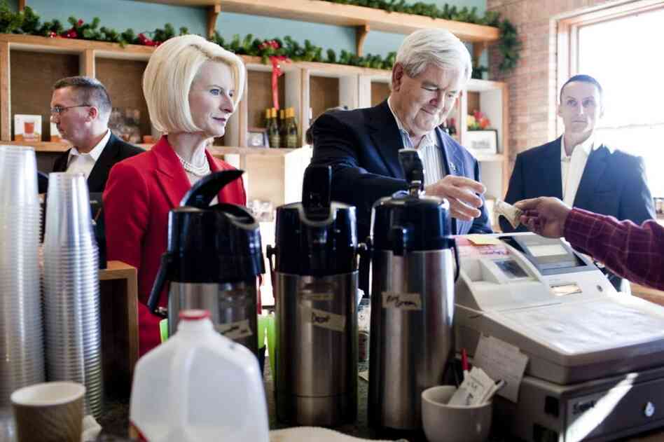 Newt Gingrich and his wife, Callista Gingrich, buy ice cream and coffee at Elly's Tea in Muscatine. 