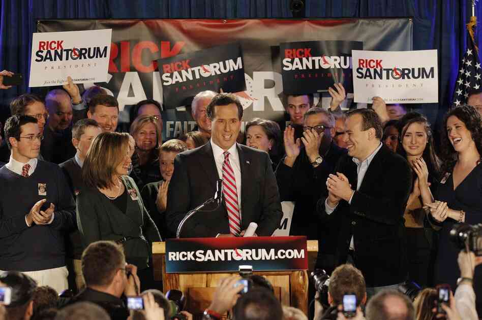 Rick Santorum addresses supporters at his caucus party in Johnston. 
