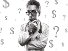 A pensive doctor is surrounded by question marks and dollar signs. A pensive doctor is surrounded by question marks and dollar signs.