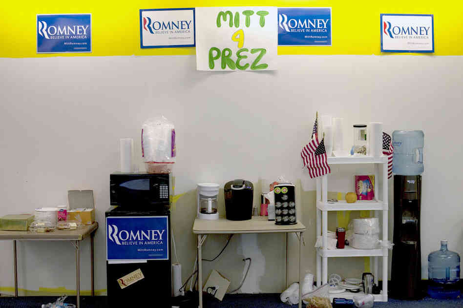 Romney's campaign is headquartered in a former Blockbuster near downtown Des Moines.