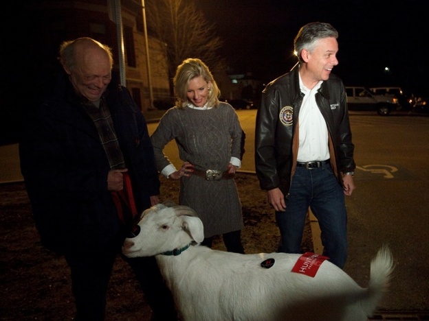 Huntsman may refuse to be the 'goat' of the GOP race, but he and his wife, Mary Kaye, did meet one named Izak and his owner, Bill Higgins, on Monday night outside the McConnell Community Center in Dover, N.H.