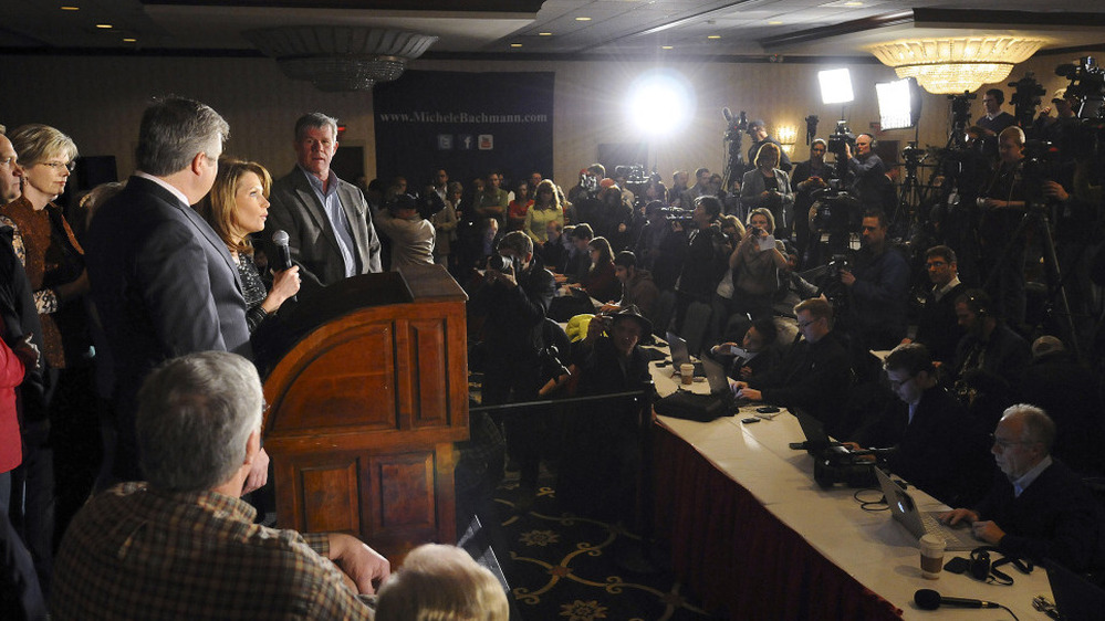 Rep. Michele Bachmann, R-Minn., announces an end to her campaign for president on Wednesday in Des Moines, Iowa.