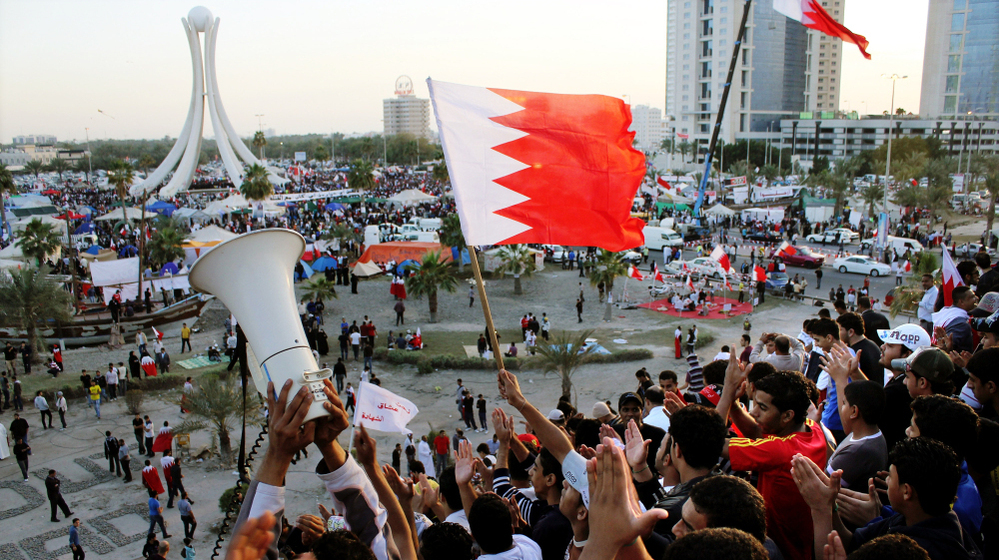 Bahrain is the one Arab country where the government has suppressed a major uprising. Here, protesters wave flags at the Pearl Roundabout in the capital Manama on Feb. 20, 2011, when the demonstrations were at their peak.