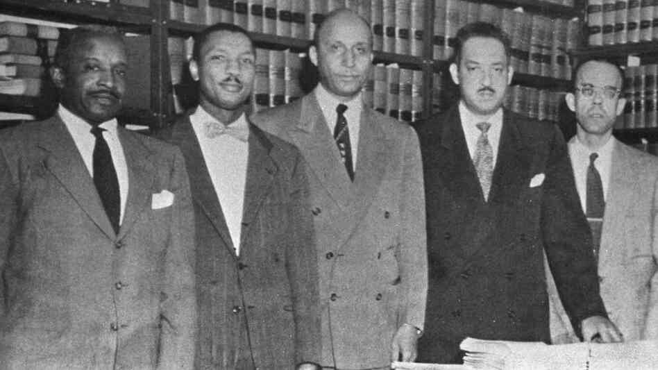 Robert Carter (second from left) and other attorneys with the NAACP Legal Defense and Educational Fund in 1954. Others (from left to right): Louis L. Redding, Oliver W. Hill, Thurgood Marshall and Spottswood W. Robinson III.