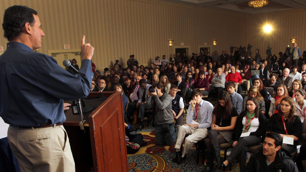 Former Pennsylvania Sen. Rick Santorum speaks during a campaign stop with college students Thursday in Concord, N.H. 