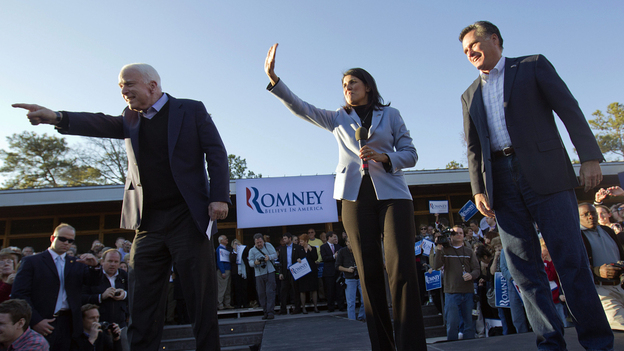 Mitt Romney, right, campaigns Thursday in South Carolina with South Carolina Gov. Nikki Haley, center, and Sen. John McCain, R-Ariz.