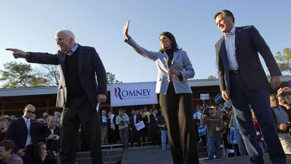 Mitt Romney, right, campaigns Thursday in South Carolina with South Carolina Gov. Nikki Haley, center, and Sen. John McCain, R-Ariz.
