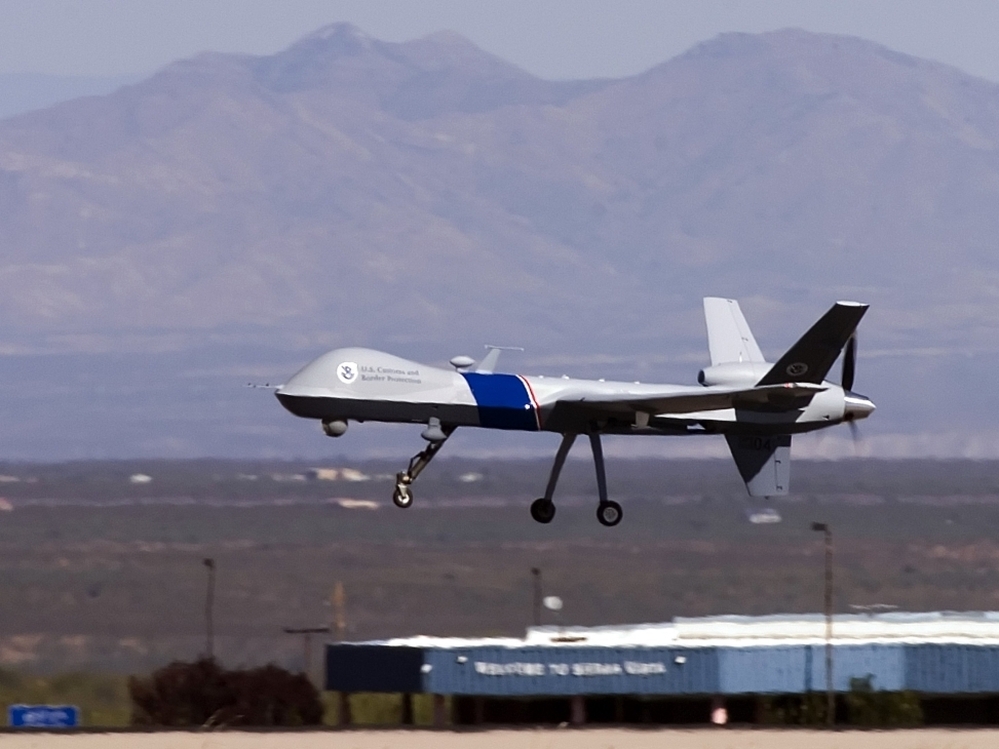 A Predator B unmanned aircraft takes off in Arizona. The aircraft patrol the southern border of the United Sates.