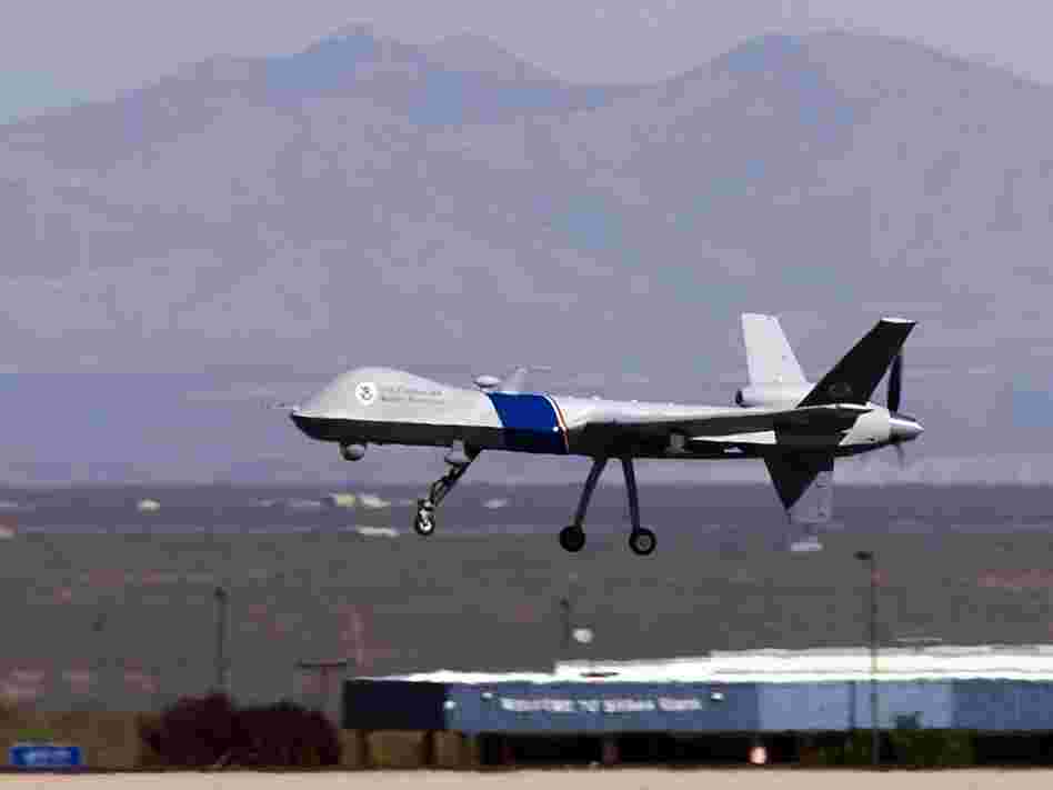 A Predator B unmanned aircraft takes off in Arizona. The aircraft patrol the southern border of the United Sates.