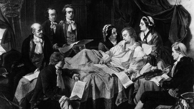 A 1791 painting of Wolfgang Amadeus Mozart on his deathbed, surrounded by his wife and friends.