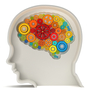 A brain made from colored gears appears inside a gray human head. A brain made from colored gears appears inside a gray human head.