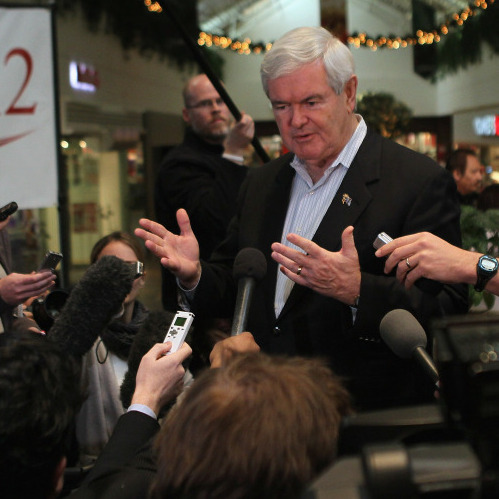 Republican presidential candidate Newt Gingrich speaks to reporters during a campaign stop on Dec. 28 in Mason City, Iowa.