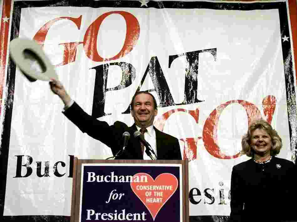 Pat Buchanan and wife Shelley acknowledge the crowd at a rally on March 6, 1996. Buchanan won the New Hampshire primary but lost the GOP nomination to Bob Dole.