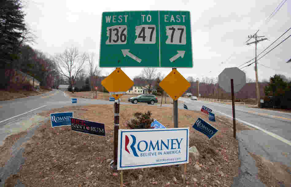 Political signs are pictured at an intersection in Manchester, New Hampshire. 