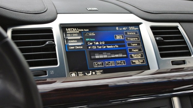 A Ford dashboard as it would look when connected to the NPR News app.