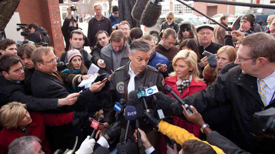 Former Utah Gov. Jon Huntsman speaks to reporters before a campaign stop in Concord, N.H. In interviews, Huntsman has said that his goal in New Hampshire is to "beat market expectations." 
