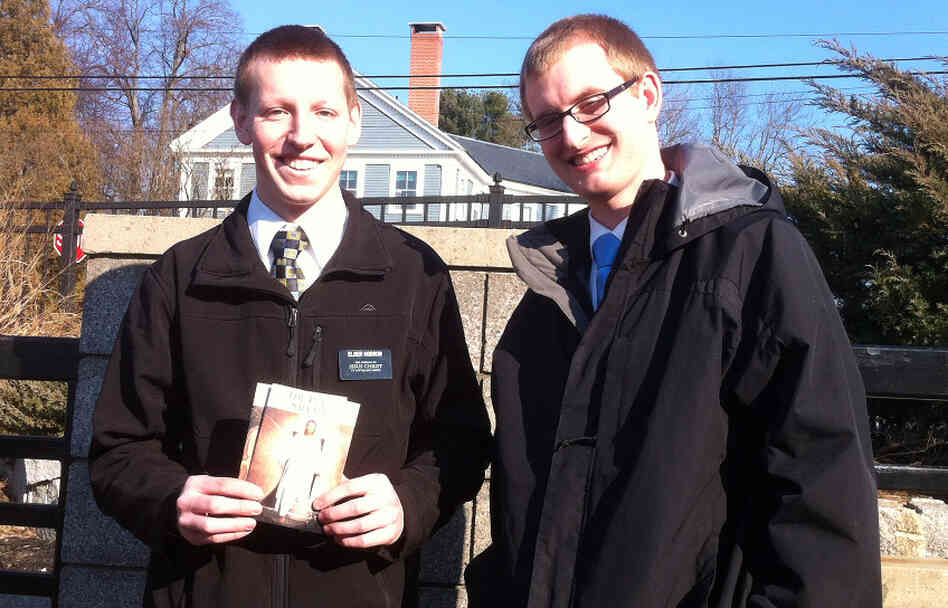 Elders Kyle Hodson (left) and Taylor Bayles are two Mormon missionaries in their 20s who have been navigating proselytizing and politics as they go door to door in New Hampshire. Elders Kyle Hodson (left) and Taylor Bayles are two Mormon missionaries in their 20s who have been navigating proselytizing and politics as they go door to door in New Hampshire.