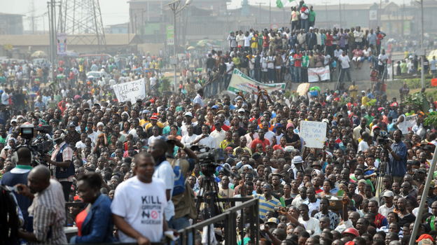Protesters gather to protest against the end of gasoline subsidies in Lagos. Wednesday marked the third day of mass strikes by labor and civil society.