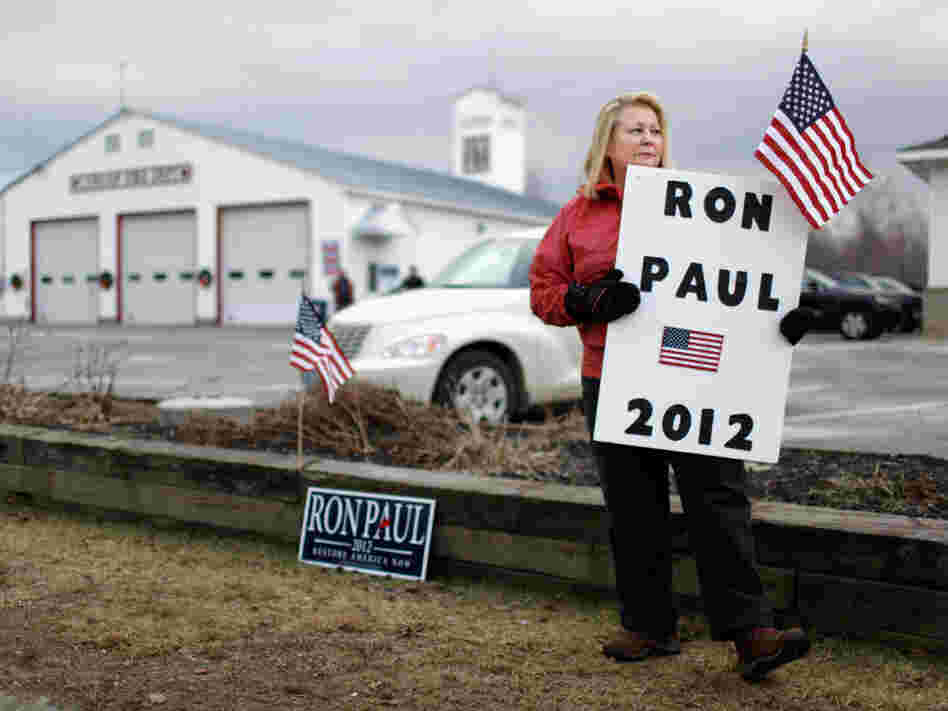 Susan Gayhart stations herself outside the polls at a fire station in Canaan, N.H., on the morning of the primary. Susan Gayhart stations herself outside the polls at a fire station in Canaan, N.H., on the morning of the primary.