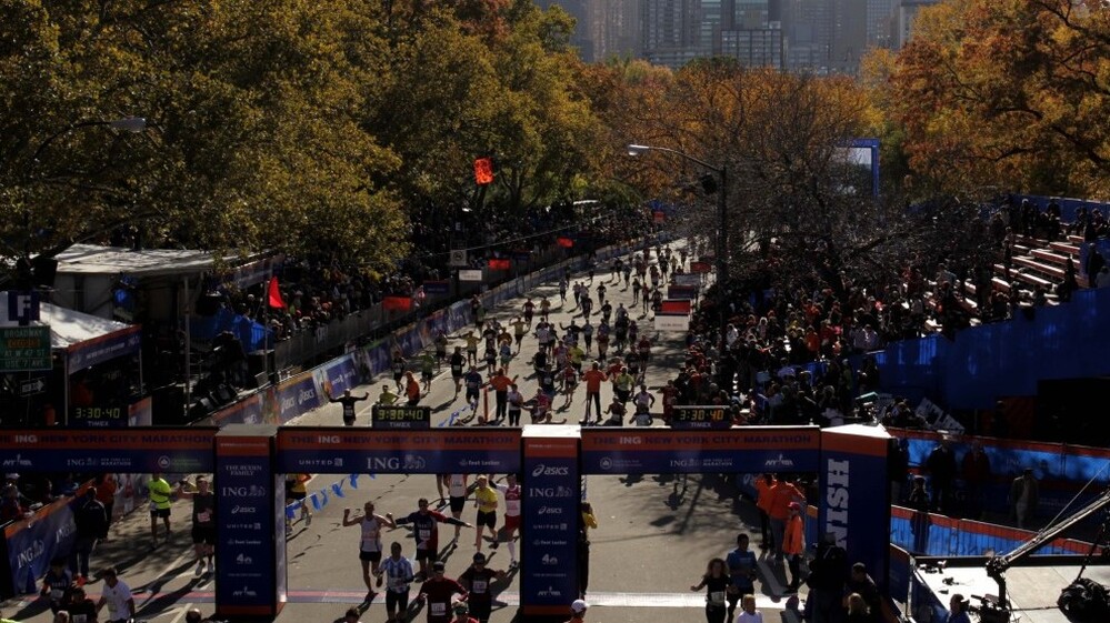 Runners approach the finish line of the New York City Marathon on Sunday, Nov. 6, 2011. 