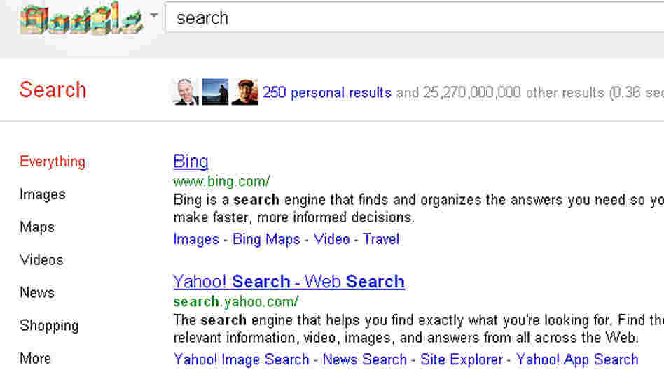 A screengrab shows Google's new search feature, in which results from a user's Google+ community are promoted at the top of the page.