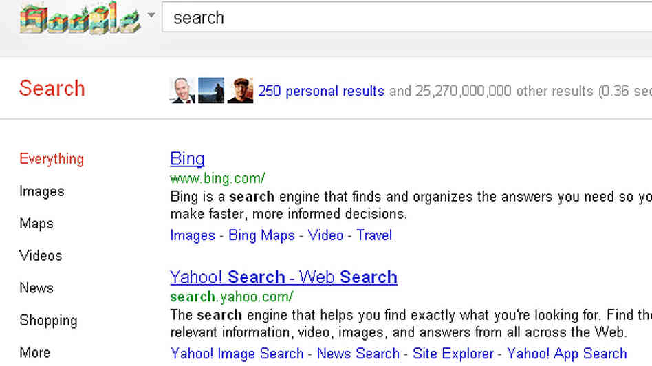 A screengrab shows Google's new search feature, in which results from a user's Google+ community are promoted at the top of the page.