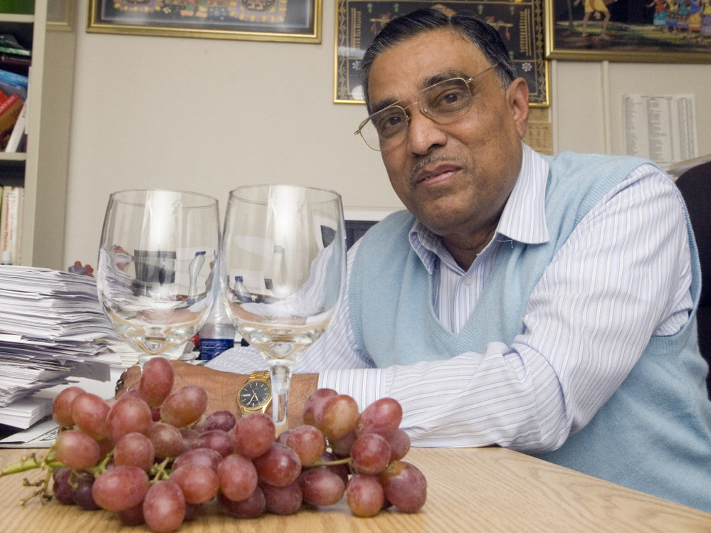 Dipak Das, seen in 2006, at his office at the UConn Health Center in Farmington, Conn. The researcher is known for his work on red wine's benefits to cardiovascular health.