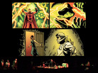 A Multimedia Production: The performance of The Intergalactic Nemesis involves (from left to right) three voice actors, a foley artist, a keyboardist and, overhead, art from the graphic novel on screen. A Multimedia Production: The performance of The Intergalactic Nemesis involves (from left to right) three voice actors, a foley artist, a keyboardist and, overhead, art from the graphic novel on screen.