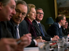 Meryl Streep (center) stars as Margaret Thatcher in Phyllida Lloyd's biopic about the former prime minister of the United Kingdom. Meryl Streep (center) stars as Margaret Thatcher in Phyllida Lloyd's biopic about the former prime minister of the United Kingdom.