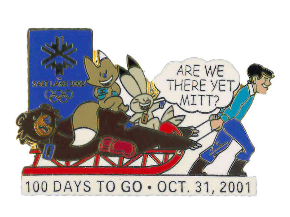 The "100 days to go" pin, with Romney pulling a sled full of mascots. 