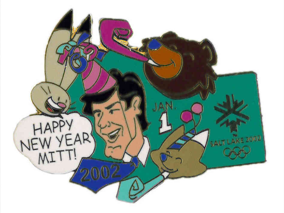 The "Happy New Year Mitt" pin, with celebrating mascots. 