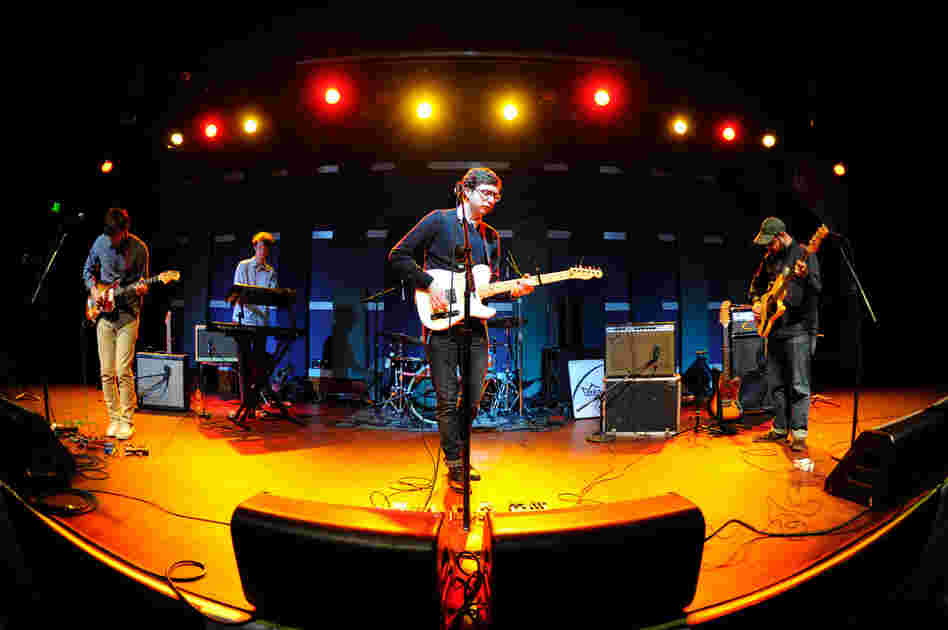 Our photographer took the fish-eye approach during this shot of Real Estate warming up before their show at World Cafe Live on Friday.