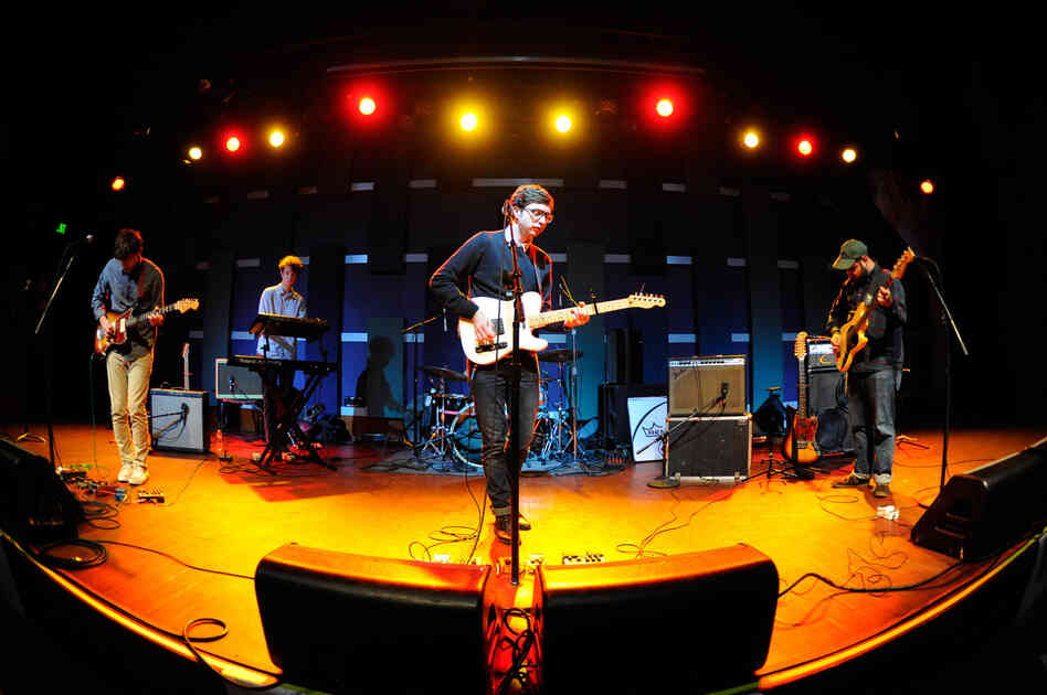 Our photographer took the fish-eye approach during this shot of Real Estate warming up before their show at World Cafe Live on Friday.