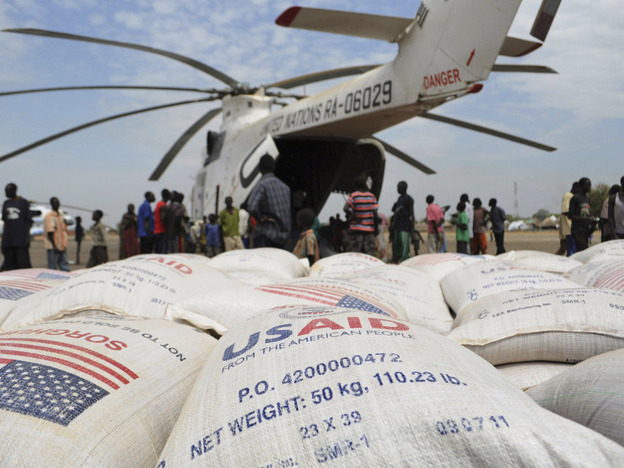 Food aid from the U.S. is delivered Thursday as part of efforts by the World Food Program to assist people displaced by fighting in the South Sudan state of Jonglei.