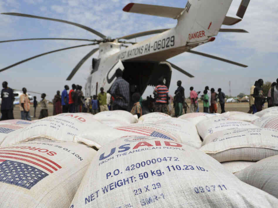 Food aid from the U.S. is delivered Thursday as part of efforts by the World Food Program to assist people displaced by fighting in the South Sudan state of Jonglei.