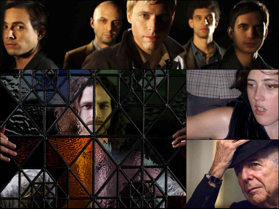 Clockwise from bottom left: Gotye, White Rabbits, Jana Hunter from Lower Dens, Leonard Cohen. Clockwise from bottom left: Gotye, White Rabbits, Jana Hunter from Lower Dens, Leonard Cohen.