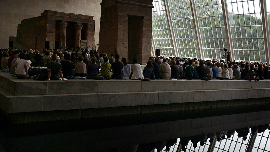 A view from across the reflecting pool of the "Remembering September 11" concert by the Wordless Music Orchestra â conducted by Ryan McAdams, presented at The Temple of Dendur in The Metropolitan Museum of Art in Manhattan on Sept. 11, 2011.
