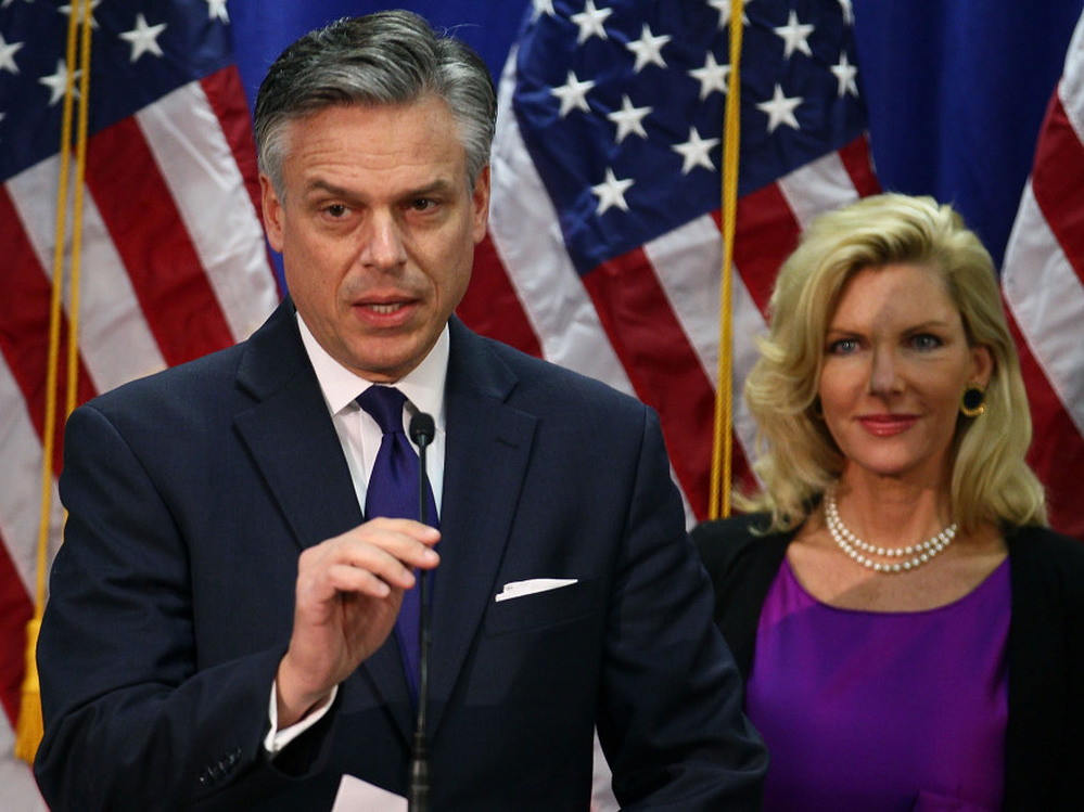 Former Utah Gov. Jon Huntsman, flanked by his wife, Mary Kaye, announced Monday at the Myrtle Beach Convention Center in South Carolina that he is ending his run for the Republican presidential nomination.