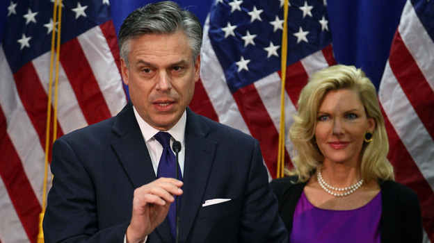 Former Utah Gov. Jon Huntsman, flanked by his wife, Mary Kaye, announced Monday at the Myrtle Beach Convention Center in South Carolina that he is ending his run for the Republican presidential nomination. Former Utah Gov. Jon Huntsman, flanked by his wife, Mary Kaye, announced Monday at the Myrtle Beach Convention Center in South Carolina that he is ending his run for the Republican presidential nomination.