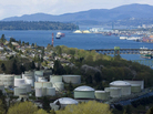 Oil storage tanks at the Chevron Burnaby Oil Refinery on the shores of Burrard Inlet, east of Vancouver, British Columbia. Oil storage tanks at the Chevron Burnaby Oil Refinery on the shores of Burrard Inlet, east of Vancouver, British Columbia.