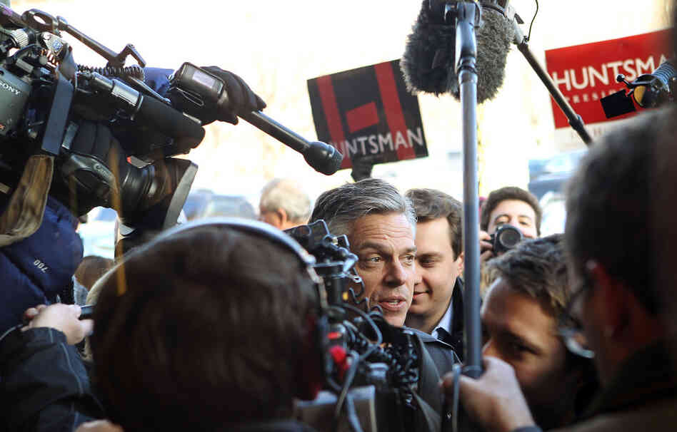 Former Utah Gov. Jon Huntsman was surrounded by members of the media during a campaign stop earlier this month in Dover, N.H.