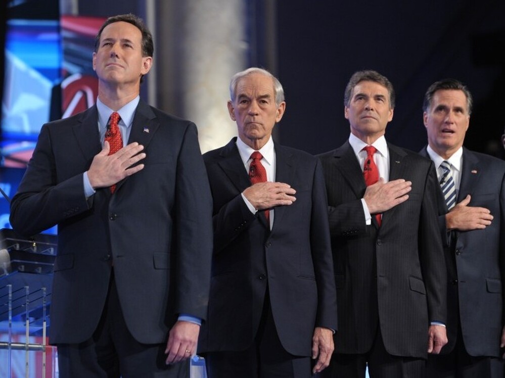 It wasn't kumbaya, but the GOP presidential hopefuls found harmony in the national anthem before a debate in November. 