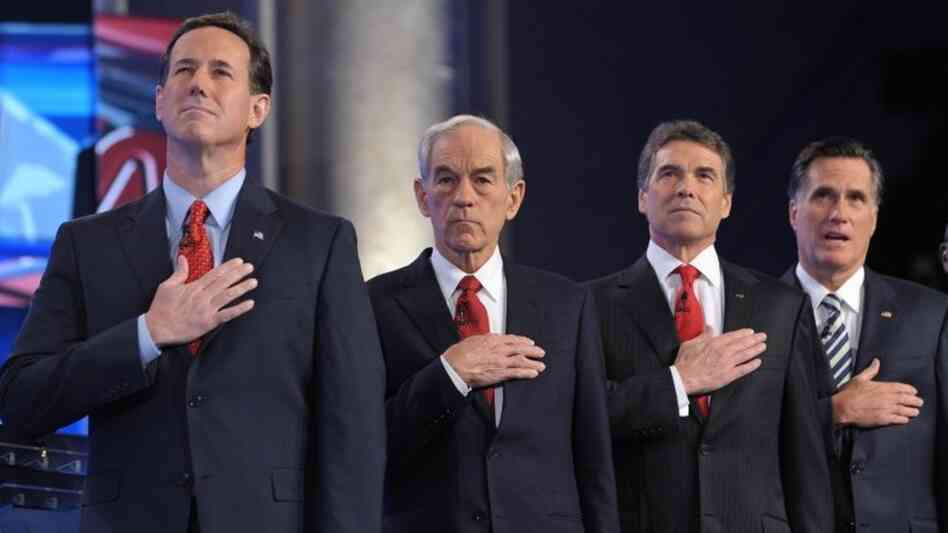 It wasn't kumbaya, but the GOP presidential hopefuls found harmony in the national anthem before a debate in November. 