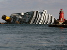 The cruise ship Costa Concordia leans on its side off the tiny Tuscan island of Giglio, Italy.